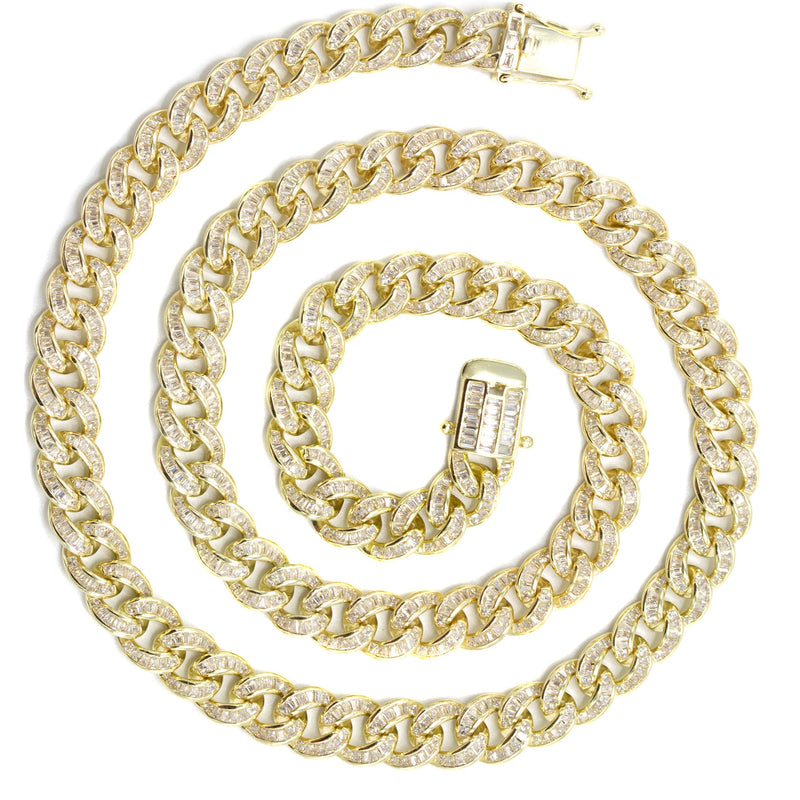 Silver Chain -  Gold Baguette Iced Out Miami Cuban Link Chain