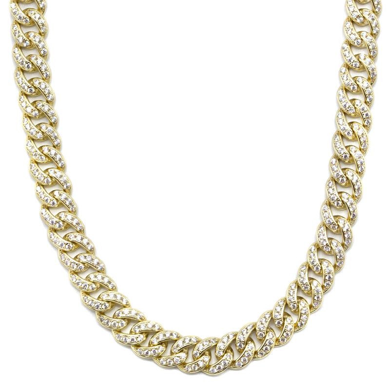 Silver Chain -  Gold Single Row Iced Out Miami Cuban Link Chain