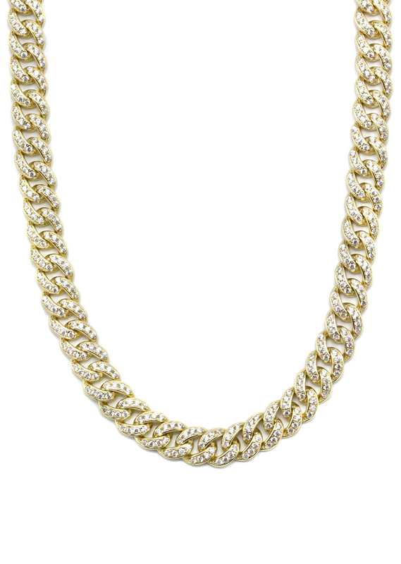 Silver Chain -  Gold Single Row Iced Out Miami Cuban Link Chain