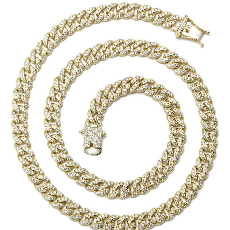Silver Chain -  Gold Single Row Iced Out Miami Cuban Link Chain